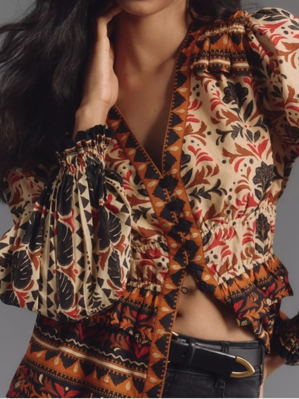 Farm Rio Long Sleeve Printed V-Neck Blouse - Picture 3 of 8